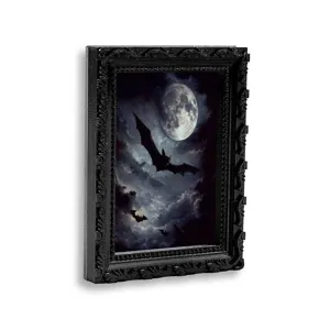 Marco de fotos magnético decorativo 3D de Halloween con diseño de murciélago gótico y luna llena.