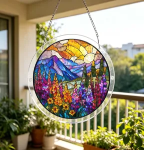 Round acrylic stained glass suncatcher with metal chain, colorful flower window hanging decor.
