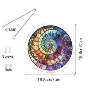 Round acrylic suncatcher window hanging pendant with colorful spiral pattern and hanging chain.