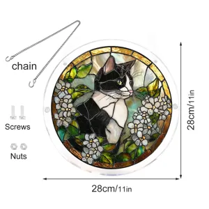 Acrylic cat suncatcher window hanging decor with chain and screws 28cm round stained glass