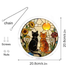 Acrylic cat suncatcher window hanging with chain, decorative stained glass style panel for home decor.