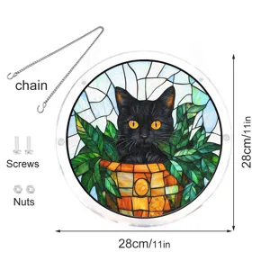 Stained glass black cat acrylic suncatcher window hanging decor with chain and screws 28cm