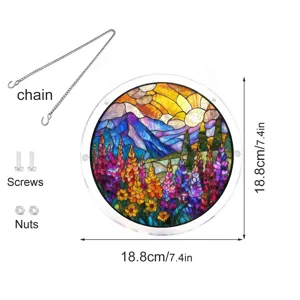 Acrylic stained glass window suncatcher with chain and screws, colorful mountain detail.