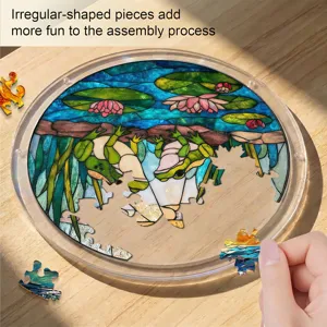 Acrylic stained glass frog puzzle detail shot, vibrant lotus pond design, unique acrylic puzzle.