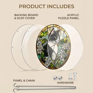 Detailed view showing the acrylic puzzle panel components, backing board, chain, and hardware.