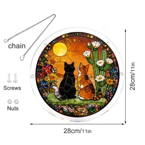 Acrylic cat suncatcher detail view showing hanging chain, screws and 28cm diameter size.