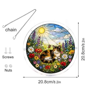 Acrylic stained glass cat window suncatcher hanging decoration with chain and hardware.