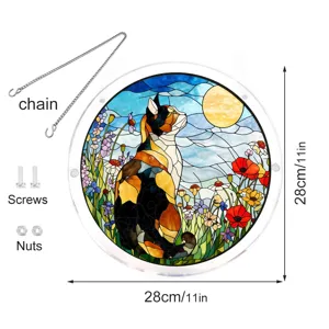 Acrylic stained glass cat window hanging suncatcher with chain and screws 28cm decor.