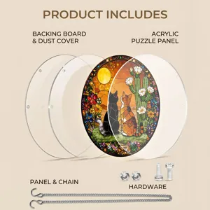 Acrylic cat puzzle suncatcher window hanging pendant with chain and hardware display.