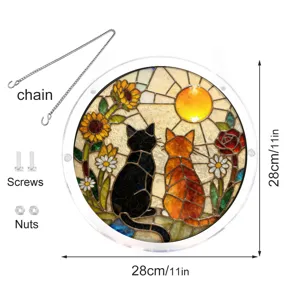 Stained acrylic cat suncatcher window hanging with chain and screws, 28cm size.