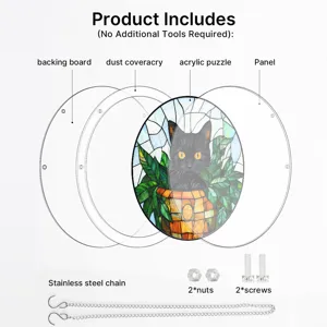 Acrylic cat suncatcher puzzle hanging decor component breakdown diagram kit with chain and screws.