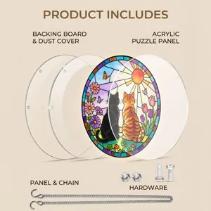 Acrylic suncatcher detail showing puzzle panel, backing board, chain and hardware accessories.