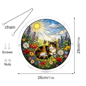 Acrylic cat suncatcher window hanging with chain and screws, size 28cm diameter details.