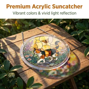 Detailed view of acrylic cat suncatcher with vibrant stained glass design and light reflection.
