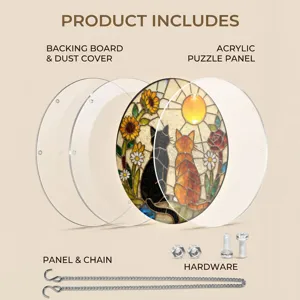 Detail view of the acrylic cat suncatcher puzzle showing backing board, panel, chain, and hardware parts.