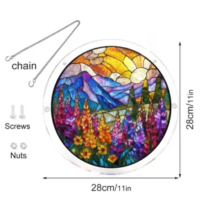 Round acrylic stained glass suncatcher window hanging with chain screws, 28cm floral decor