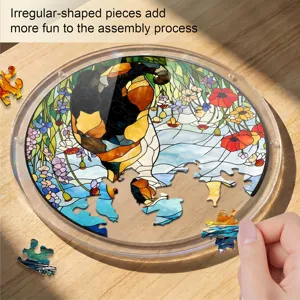 Acrylic stained glass cat puzzle suncatcher window hanging with irregular shaped pieces.