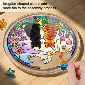 Acrylic cat jigsaw puzzle window hanging with stained glass design, fun round suncatcher.