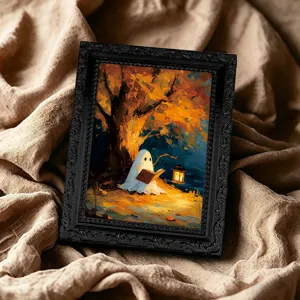 Close-up detail of the Halloween ghost reading book photo frame magnet texture display.
