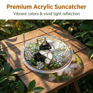 Detailed view of acrylic cat suncatcher with vibrant stained glass design and hanging chain.