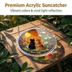 Acrylic suncatcher with stained glass cat and cactus sunset design, elegant window hanging decor.