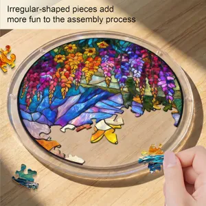 Detail of colorful stained glass style acrylic puzzle piece assembly on wooden table.
