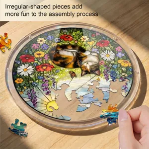 Acrylic cat jigsaw puzzle with vibrant floral stained glass design and unique irregular pieces.