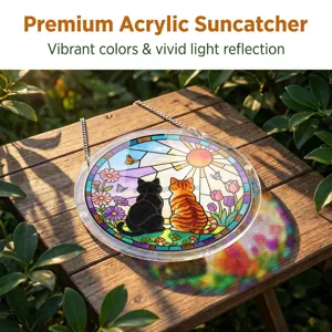 Detail shot of acrylic cat suncatcher showing stained glass style, vibrant colors and light.