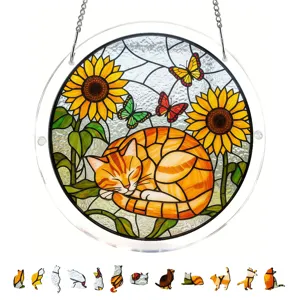 Acrylic suncatcher window hanging with sleeping cat, sunflower and butterfly design decor.