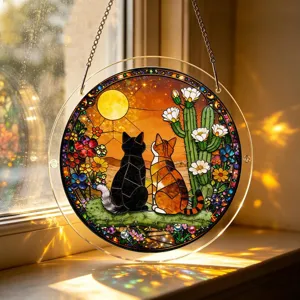 Acrylic cat suncatcher window hanging, stained glass style desert sunset decor for home room.