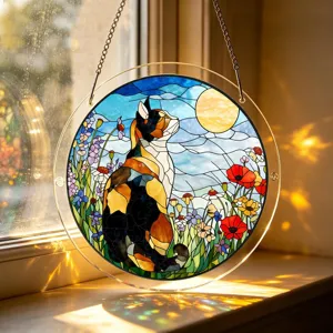 Round acrylic cat suncatcher window hanging pendant stained glass style garden decor ornament