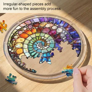 Colorful circular acrylic jigsaw puzzle with irregular pieces, artistic mosaic spiral design.