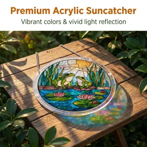 Acrylic suncatcher detail showcasing vivid frog and lotus stained glass artwork.