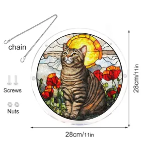 Acrylic tabby cat stained glass suncatcher with chain and screws, 28cm window hanging decor.