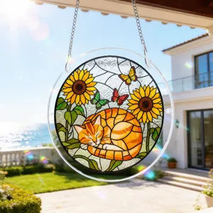Hanging round stained acrylic suncatcher detail featuring sleeping cat and bright sunflowers.