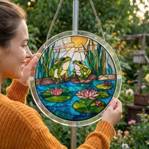 Acrylic stained glass suncatcher hanging with cute frogs and water lilies design for window.