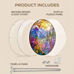 Acrylic puzzle suncatcher panel components, backing board, dust cover, and hanging chain hardware.