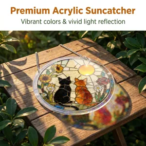Acrylic suncatcher window hanging with cute cats and sunflowers design for home decor.