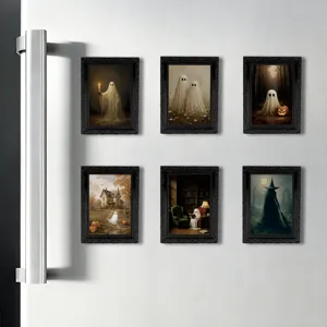 Halloween vintage ghost magnetic fridge stickers, set of six small black photo frames for decor.