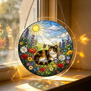 Acrylic cat suncatcher hanging in window, colorful stained glass style floral decor detail.