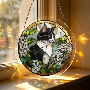 Round acrylic cat suncatcher window hanging with chain for beautiful home window decor