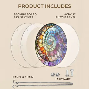 Detailed acrylic puzzle suncatcher component view showing backing board, panel, chain, hardware.