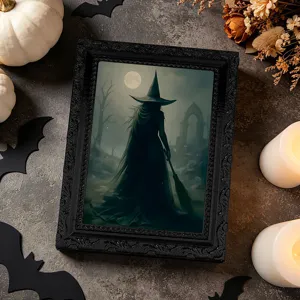 Dettaglio cornice foto strega di Halloween, bordo intagliato nero vintage con decorazione festiva.