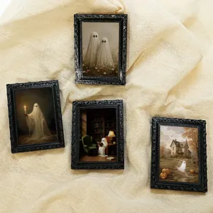 Detailed close-up view of Halloween ghost magnetic photo frames set with vintage black borders.