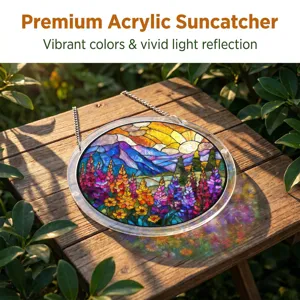 Premium acrylic suncatcher featuring vibrant stained glass landscape design for window decor.