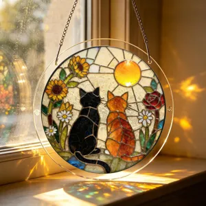 Stained acrylic cat suncatcher hanging ornament detail view showing colorful window light.