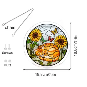Acrylic cat suncatcher detail showing hanging chain, screws, and dimensions 18.8cm.