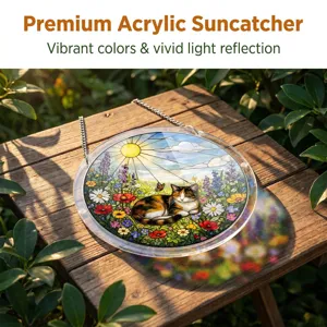 Acrylic cat suncatcher window hanging with vibrant flower meadow design and chain decor.
