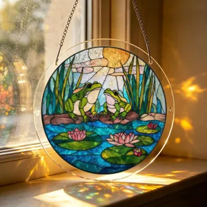 Stained acrylic frog suncatcher window hanging decor with lotus flower and chain for home.