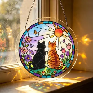 Stained acrylic cat suncatcher window hanging with beautiful flowers and sun design for home.